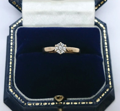 Vintage-Ring 7 Diamanten funkelnd Blume Pave Solitär Set 9 kt Gold - Größe N
