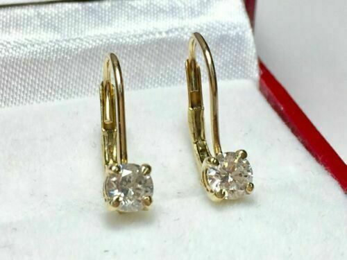 0.70CT Round Solitaire Diamond Beautiful Drop Earrings in 14K Yellow Gold Finish - Picture 1 of 6