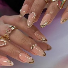 Gold French Tip Press on Nails Nude Fake Nails Medium Almond False Nail style33