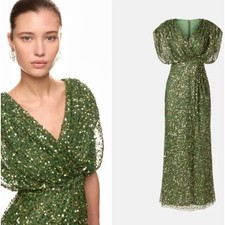 Mac Duggal Womens Draped Flutter Sleeve V-Neck Long Green Sequin Evening Gown 2 