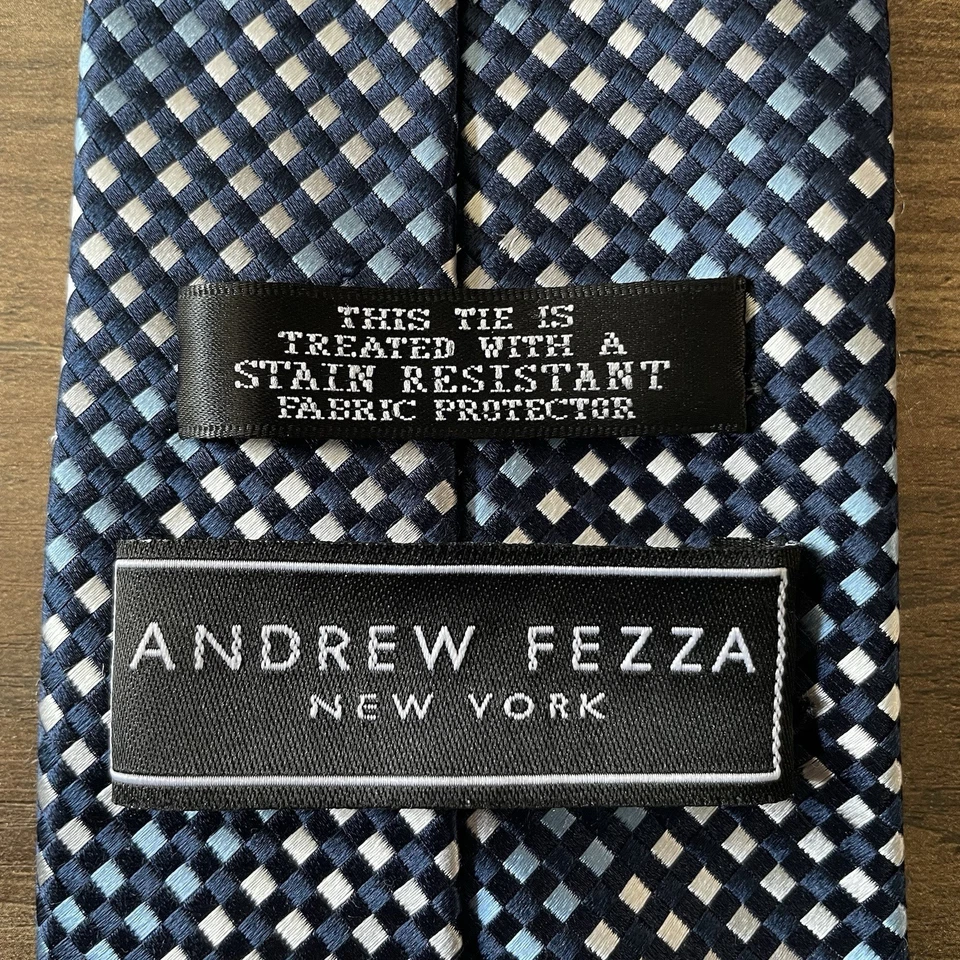 Corbata clásica Andrew Fezza New York azul plata diamante a cuadros patrón de rayas Foto 2 de 4