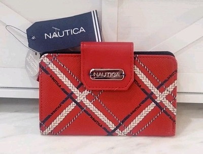 NWT! Nautica Close Reach Plaid Rope Vegan Leather Wallet RFID  MSRP:$35 Red