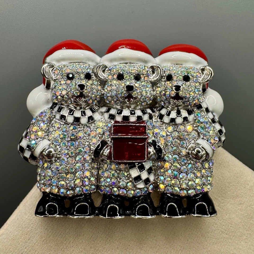 Festive Large Butler & Wilson Christmas Carolling Bears Brooch AB Crystals - Image 2 of 4