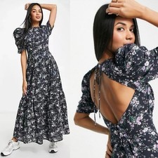 ASOS Cotton Tiered Maxi Dress Ditsy Floral Open Back Sz 4 Cottagecore Prairie