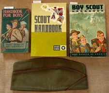 Lot of 3 Vintage Boy Scout Handbooks 1944-G, '70-EX, '72-EX, AND Garrison Cap-EX