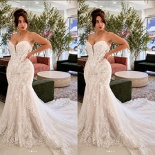 Sexy Mermaid Wedding Dresses Strapless Lace Applique Sweep Train Bridal Gowns
