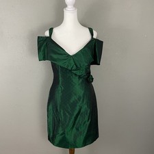 Vintage 80s Green Satin Dress Off Shoulder Rosette Sheath 9/10 Evening Gown Prom