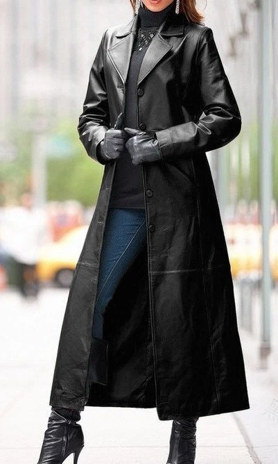 LATEST DESIGN Black Shiny Faux Leather Button Front Long Trench Coat UK Size 8