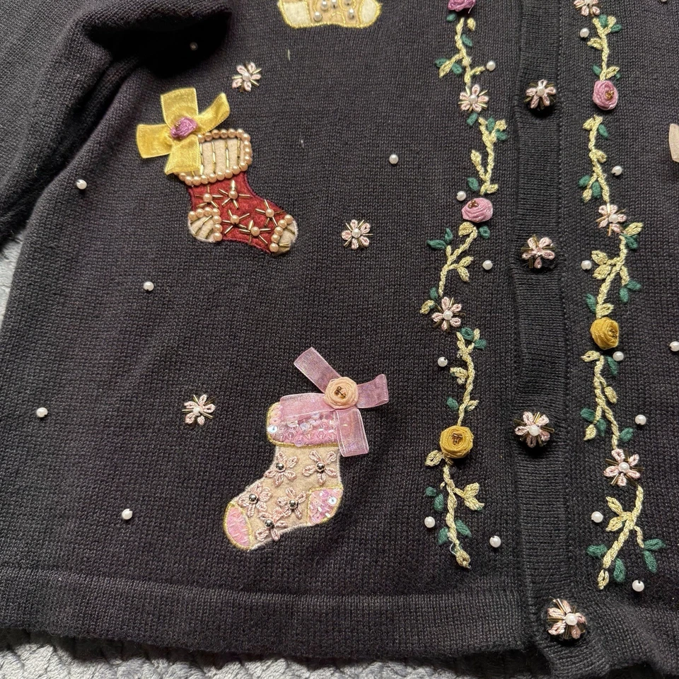 B.P. Design Christmas Cardigan Women’s XXL Black VTG Embroidered Stockings - Image 4 of 4