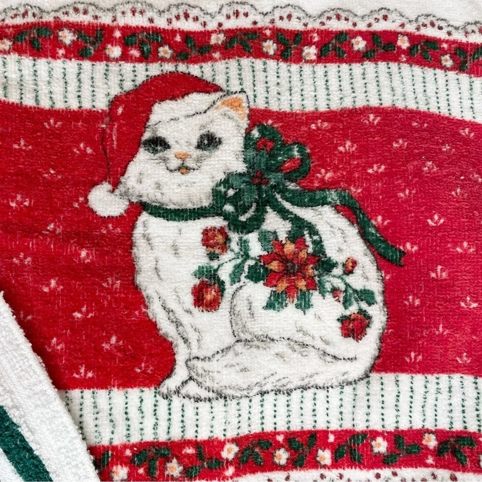 Hand Towels Set of Two Christmas Holiday Cat Santa Hat Poinsettia Holly Cotton - Image 2 of 4
