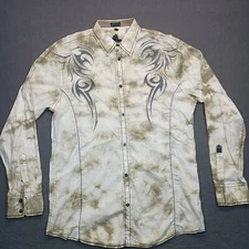 Roar Mens Embroidered Shirt Medium Long Sleeve White Cross Y2K Button Western