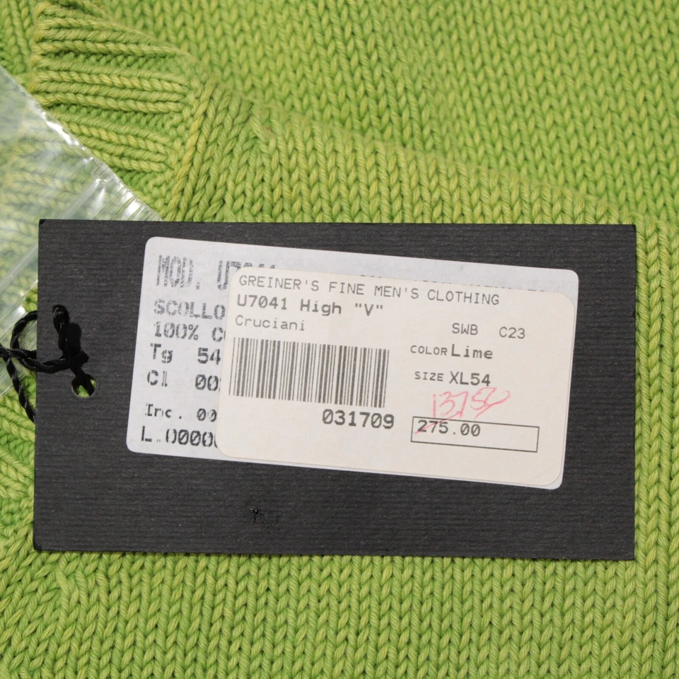 Suéter Pullover Cruciani Nuevo con Etiquetas Cuello en V Talla 54 XL EE. UU. En Algodón Verde Lima Sólido Foto 4 de 4