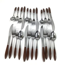 Epic & Ekco Eterna Canoe Muffin Faux Wood Stainless Steel Flatware 24 Piece MCM