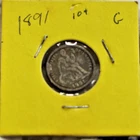 1891 US Seated Liberty Dime 10c VG (Cleaned, Retoned)