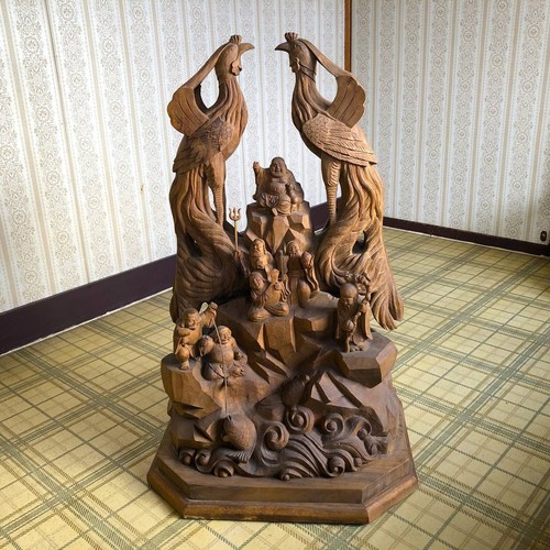 Seven Lucky Gods Phoenix Wood Carving Ornament H 70cm W14.6kg - Picture 10 of 10
