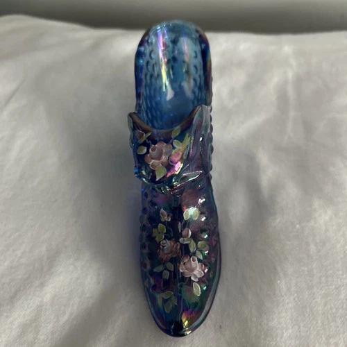 Fenton Iridescent Blue Glass Hobnail Cat's Head Shoe hand painted Flowers Signed