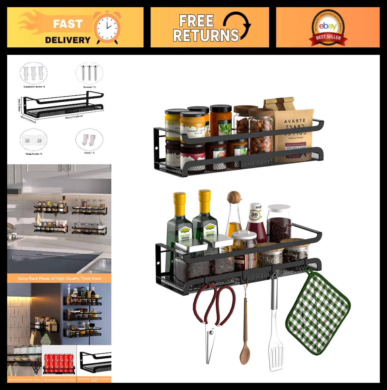 Wall Mounted Spice Rack Organizer with Hooks - 2 Pack Seasoning Shelf for Kitche
