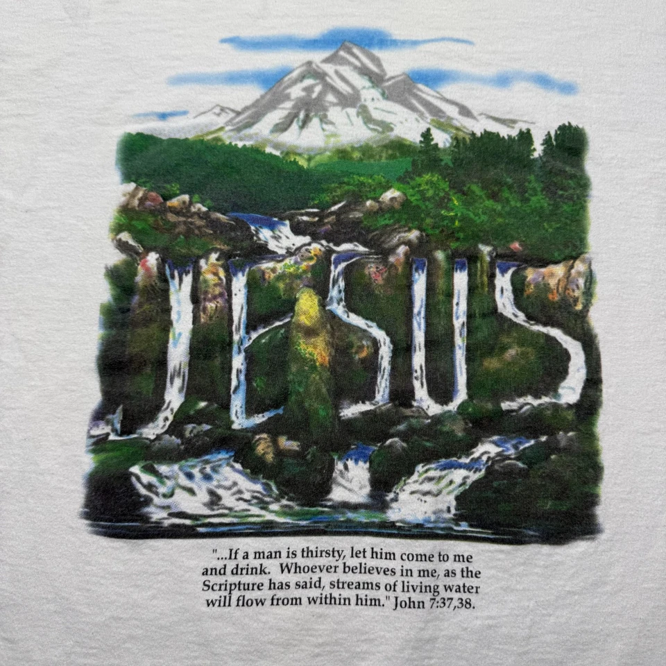 Винтажная религиозная рубашка 90-х Jesus Christian Bible Verse John 7:37 Waterfalls размер XL - Изображение 2 из 4