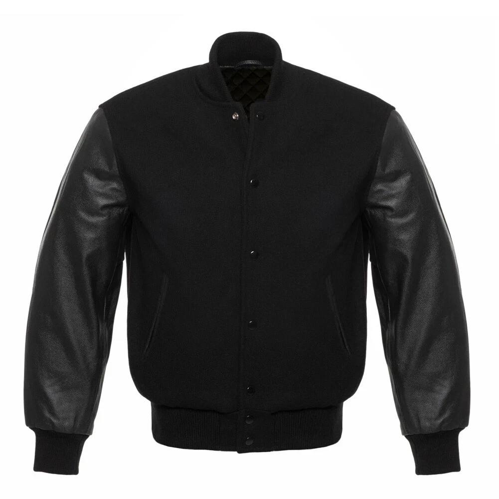 Varsity Letterman Solid Black wool Genuine Leather Sleeves bomber college Jacket
