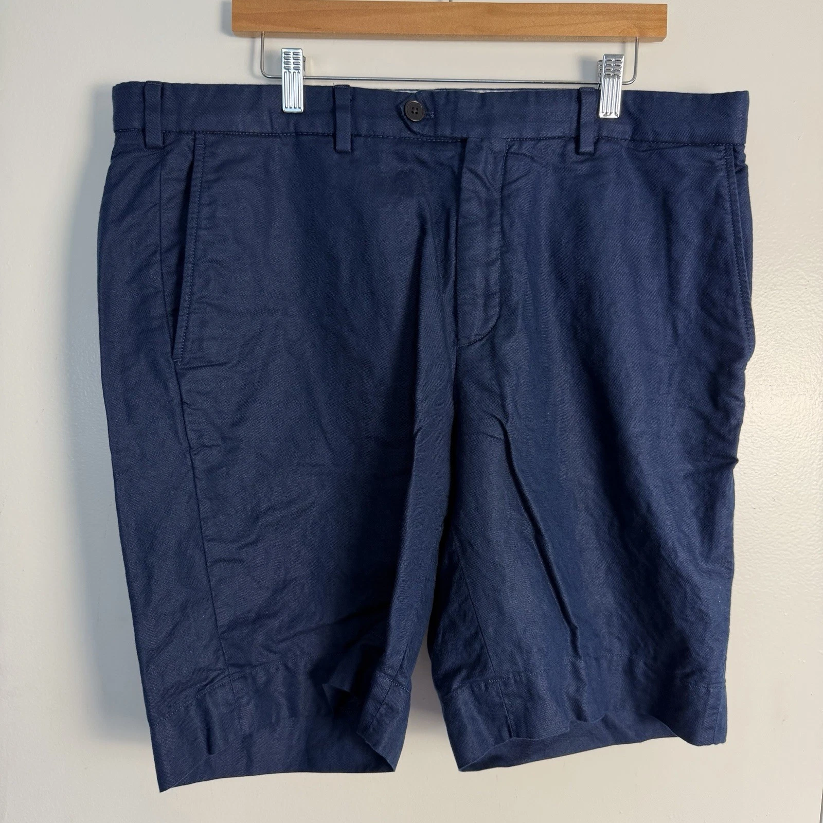Brooks Brothers Mens W40 Shorts Navy Blue Irish Linen Blend Pockets Coastal