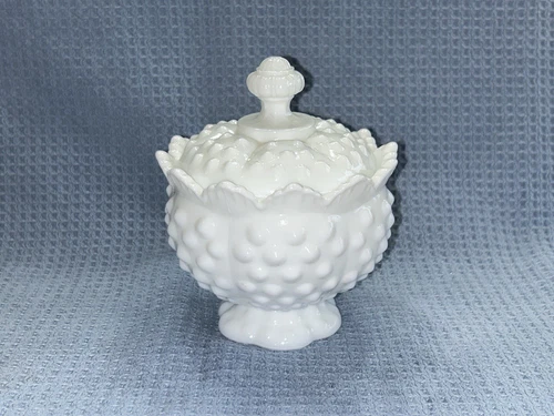 VTG Fenton Hobnail White Milk Glass Pedestal Sugar Bowl Jam Jar Scalloped 4.75in