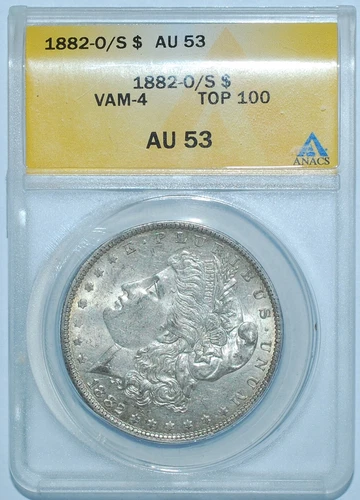 1882 O/S Strong ANACS AU53 VAM-4 Recessed Morgan Silver Dollar