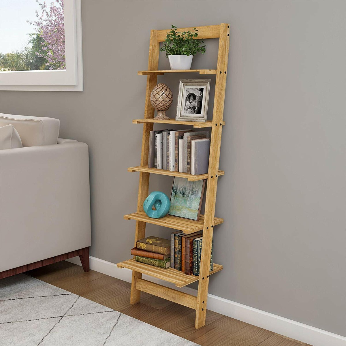 Wooden Ladder Shelf Pickled Oak Leaning Ladder Bookcase Decorative