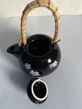 Pacific Island Creations Co. Mini Sake Teapot Black Floral Bamboo Handle Excllnt