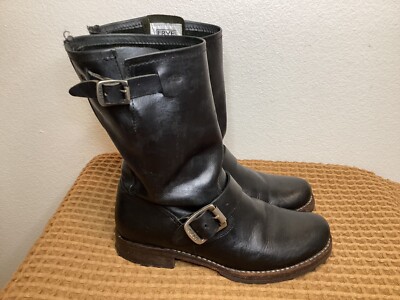 VTG USA Frye Black Leather Women’s Round Toe Buckle Harness Moto Biker  Boots