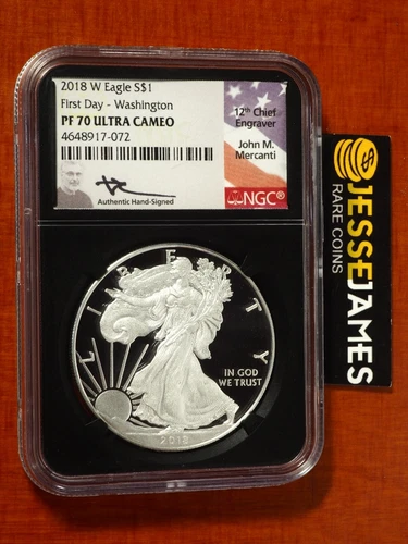 2018 W PROOF SILVER EAGLE NGC PF70 MERCANTI FIRST DAY OF ISSUE FDI WASHINGTON DC