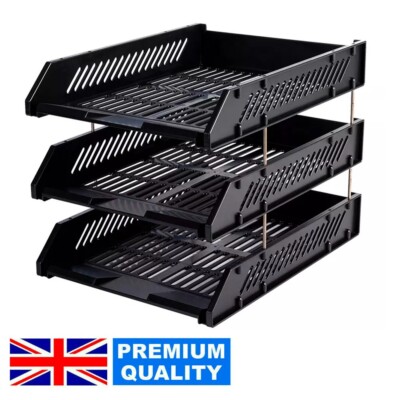 3 Tier Stackable Desk Black A4 Letter Tray Filing Document Organiser ...