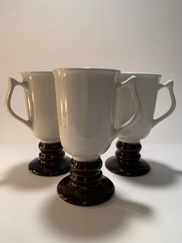 Vintage Hall Footed Irish Coffee Mugs No. 1273 Cream with Brown Base - set of 3