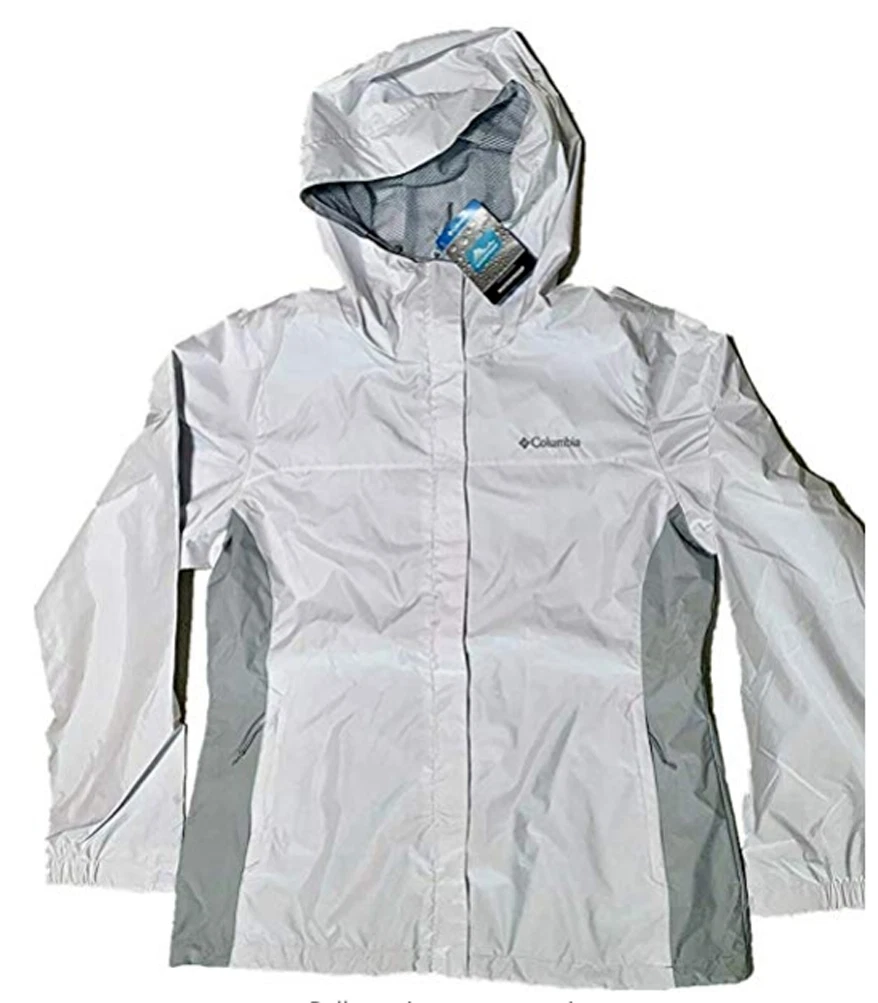 Columbia Ladies Waterproof Sleeker Fabric Rain Jacket White Cirus Grey Medium