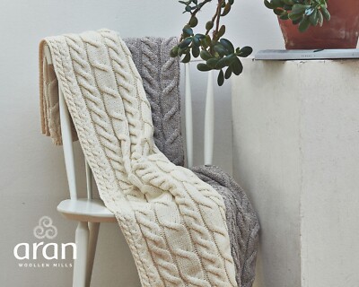 Aran 100% Merino Wool Irish Fisherman Cable Knit Throw Blanket Made in Ireland