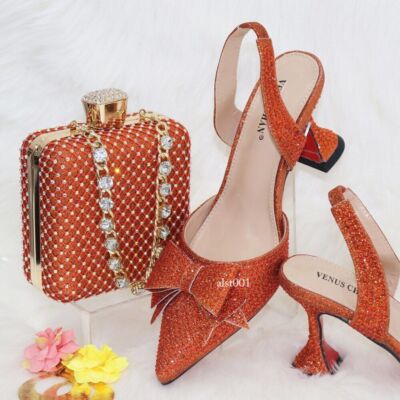 Women Shoes Matching Bag Set with Shinning Crystal with Thin
