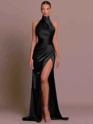 Ladies Satin Evening Party Dresses Women Sleeveless Backless Halter Side Slit Sexy Elegant Maxi Dress Fashion Female Outfits Black / M