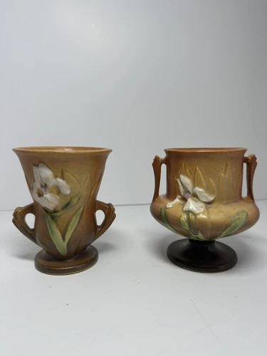 Roseville Pottery 914-4 AND 130-4 Iris Flower Trophy Vase Double Handle Brown
