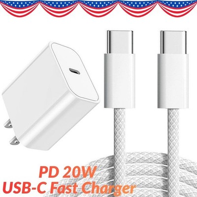 PD 20W Fast Wall Charger USB-C to USB-C Cable For iPhone 17 Air 16Pro 15 Pro Max