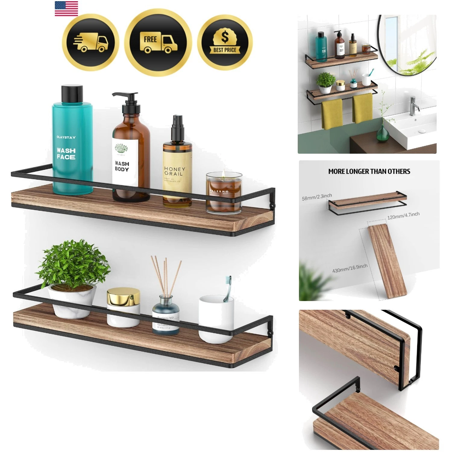 Floating Shelves Wall Mounted Set of 2, Rustic Wood Wall Storage Shelves for ...