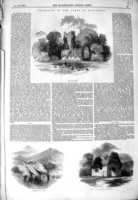 Original alter antiker Druck 1849 Lakes Killarney Mucross Abbey O'Donoghue Abbey