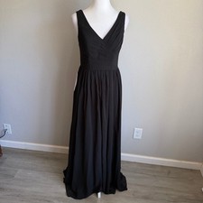 NWT Azazie Black Keyla Chiffon V-Neck A-Line Bridesmaid Dress Womens 4 Formal