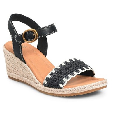 NIB Sofft Women Inez Espadrille Strappy Wedge Sandal US 10 Black Leather/Textile