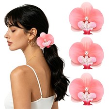 Orchid Flower Hair Clips 3.5 Inch 3Pcs, Hair Flowers for Women, Dark Pink