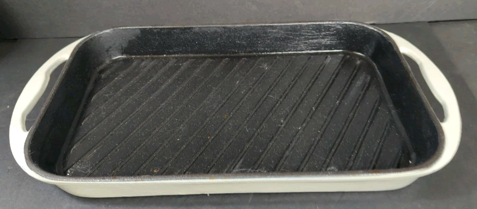 Rectangular Enameled Cast Iron Griddle Grill Pan Handles White 15 x 8.5 x 1.5"