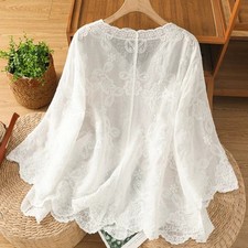 Lady Lace Embroidered Cardigan Blouse 3/4 Sleeve Sheer Cover Up Summer Top Basic