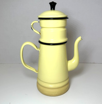 Vintage French Drip Enamelware Coffee Pot | Yellow with Black Trim | Nice