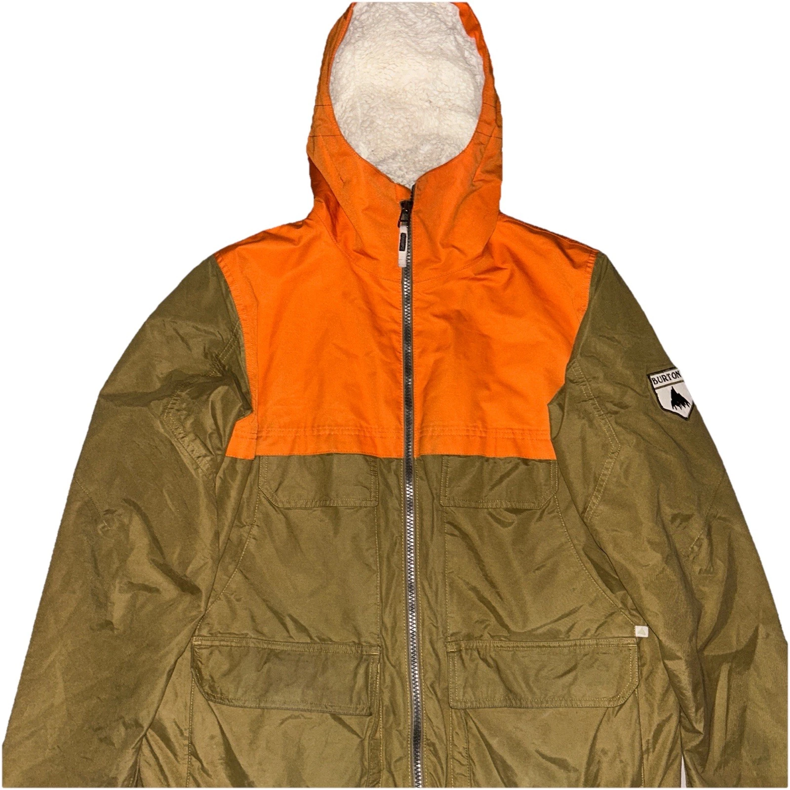 Burton Men’s Sherpa Lined Khaki Orange Hooded Full Zip Ski Jacket Size Large L