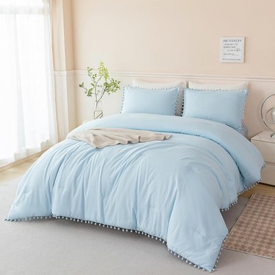 5 Pieces Full Bed in A Bag Light Blue Pom Pom Bedding Set for Girls Boys Soft