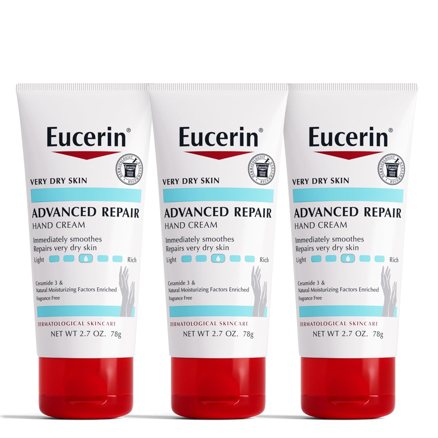 Eucerin Advanced Repair Hand Cream 2.7oz Pack of 3 Fragrance Free Fast Absorbing