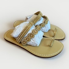 NEW Tan Gold Jeweled CZ Bling Beaded Boho Chic Festival Toe Sandals Size 6